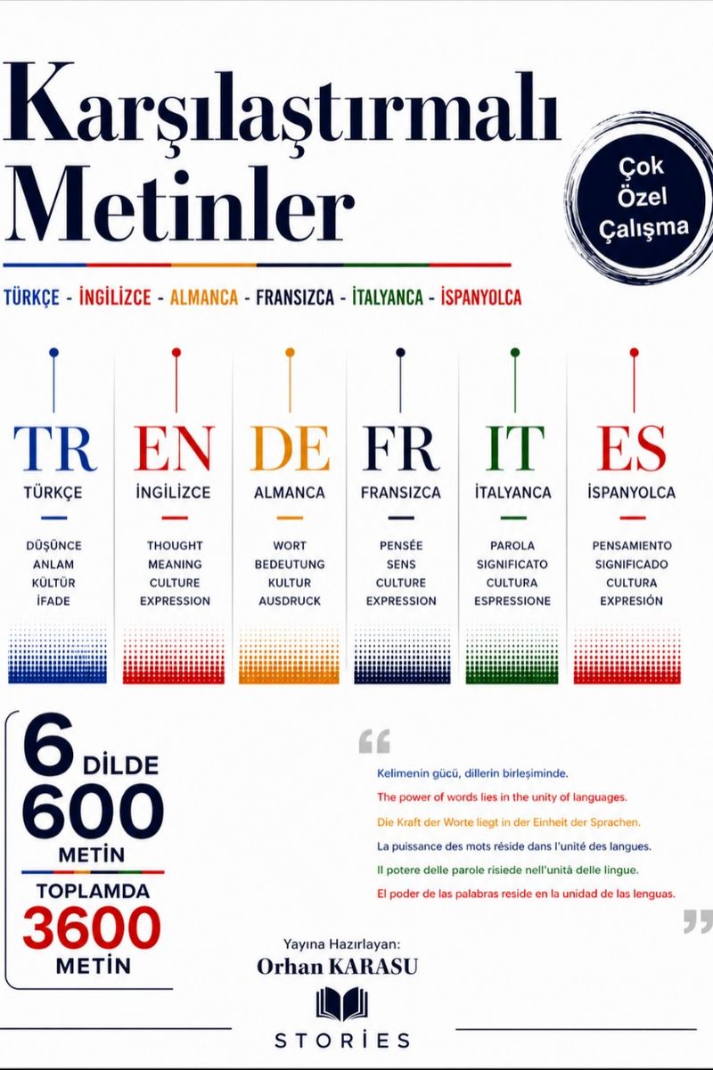 Karşılaştırmalı Metinler Türkçe-İngilizce-Almanca-Fransızca-İtalyanca-İspanyolca 6 Dilde 600 Farklı Metin Toplamda 3600 Metin kitap kapağı