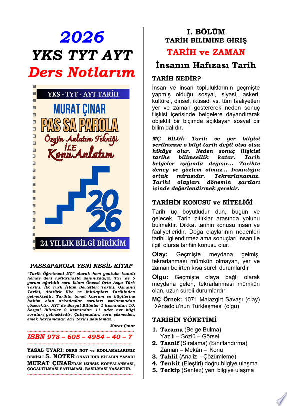 2026 YKS - TYT - AYT TARİH KONU ANLATIM KİTABI (PASSAPAROLA) MURAT ÇINAR kitap kapağı
